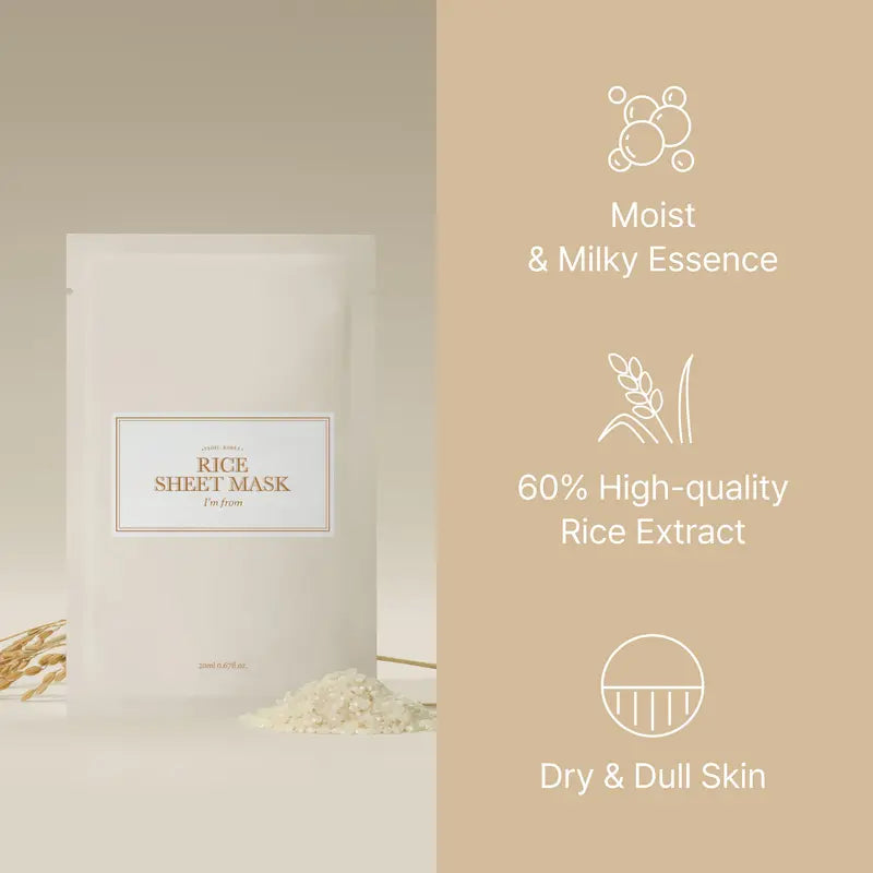 [I'M from Official Shop] Rice Sheet Mask Pack of 5, 60% Korean Rice Face Mask, Creamy Hydration for Dry, Combination Skin, Moist, Milky Essence, Biodegradable, Vegan, Hydrating Skincare, Skin Repair Moisturizer Nourishing Hydrate Moisturizing
