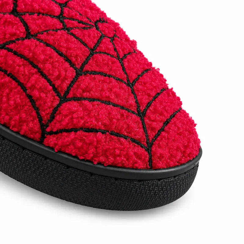 Halloween Red Spider Web Plush Slippers, Thickened Quiet Indoor Cotton Slippers for Couples, House Shoes, Thick Sole Warm Indoor Slippers