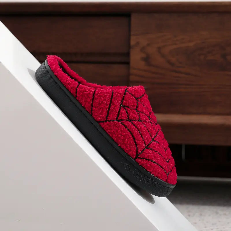 Halloween Red Spider Web Plush Slippers, Thickened Quiet Indoor Cotton Slippers for Couples, House Shoes, Thick Sole Warm Indoor Slippers