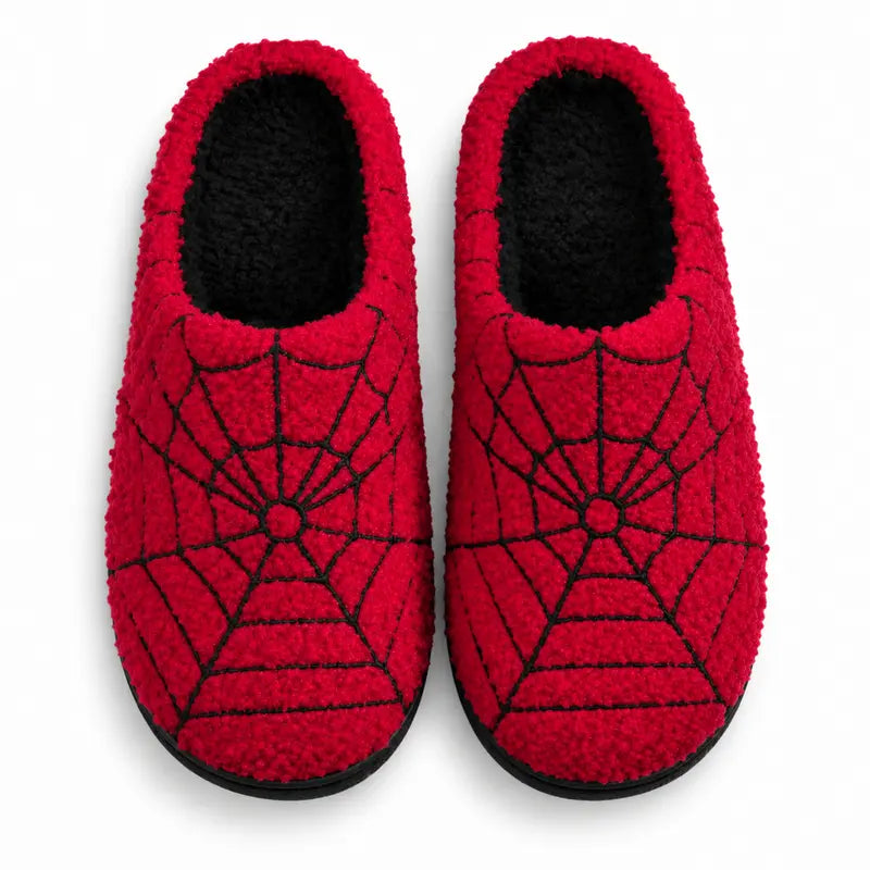Halloween Red Spider Web Plush Slippers, Thickened Quiet Indoor Cotton Slippers for Couples, House Shoes, Thick Sole Warm Indoor Slippers