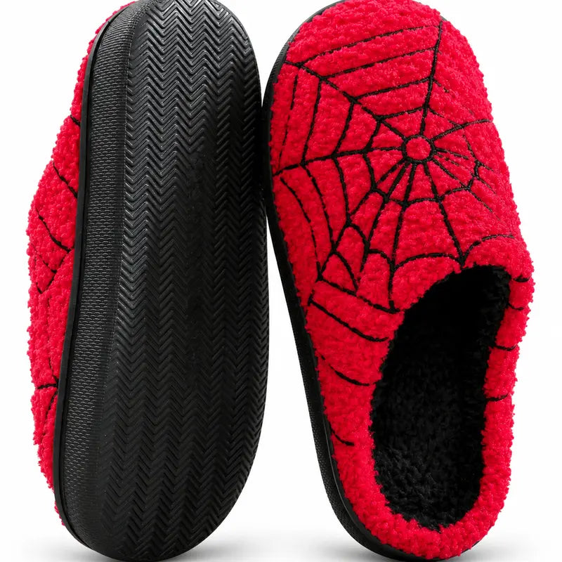 Halloween Red Spider Web Plush Slippers, Thickened Quiet Indoor Cotton Slippers for Couples, House Shoes, Thick Sole Warm Indoor Slippers