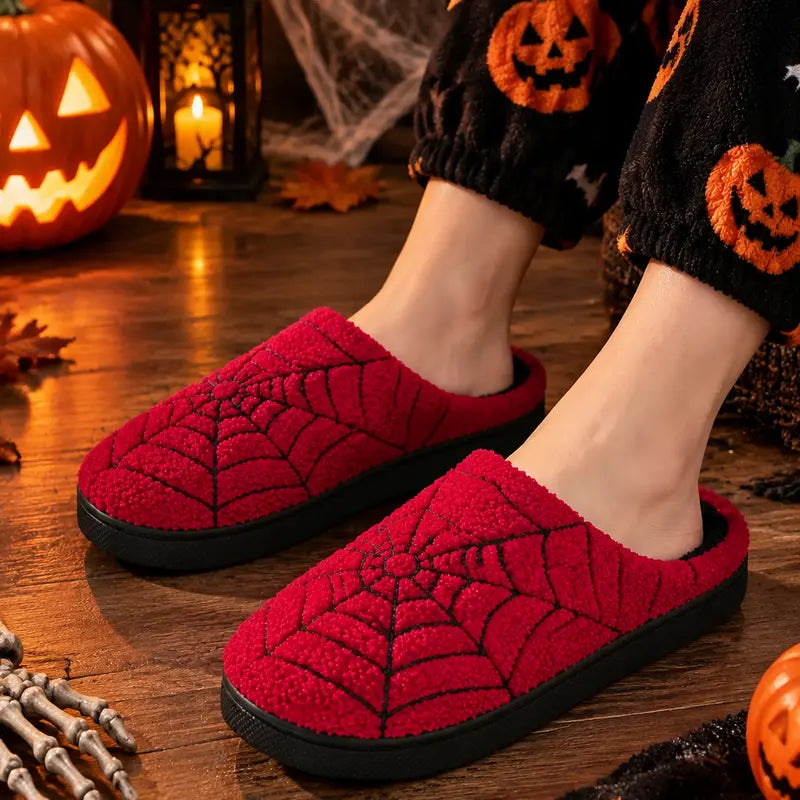 Halloween Red Spider Web Plush Slippers, Thickened Quiet Indoor Cotton Slippers for Couples, House Shoes, Thick Sole Warm Indoor Slippers