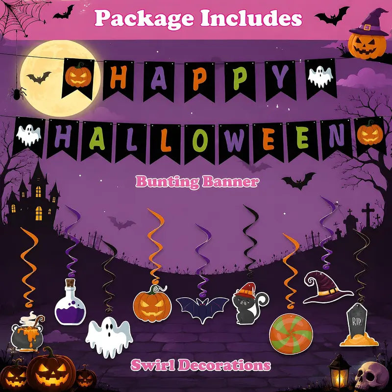 Halloween Party Decorations - Hanging Swirls Happy Halloween Banner | Spooky Pumpkin Ghost Bat Swirl Streamers | Halloween Party Favors Supplies Accessories for Home Wall Party Decor Outdoor Indoor