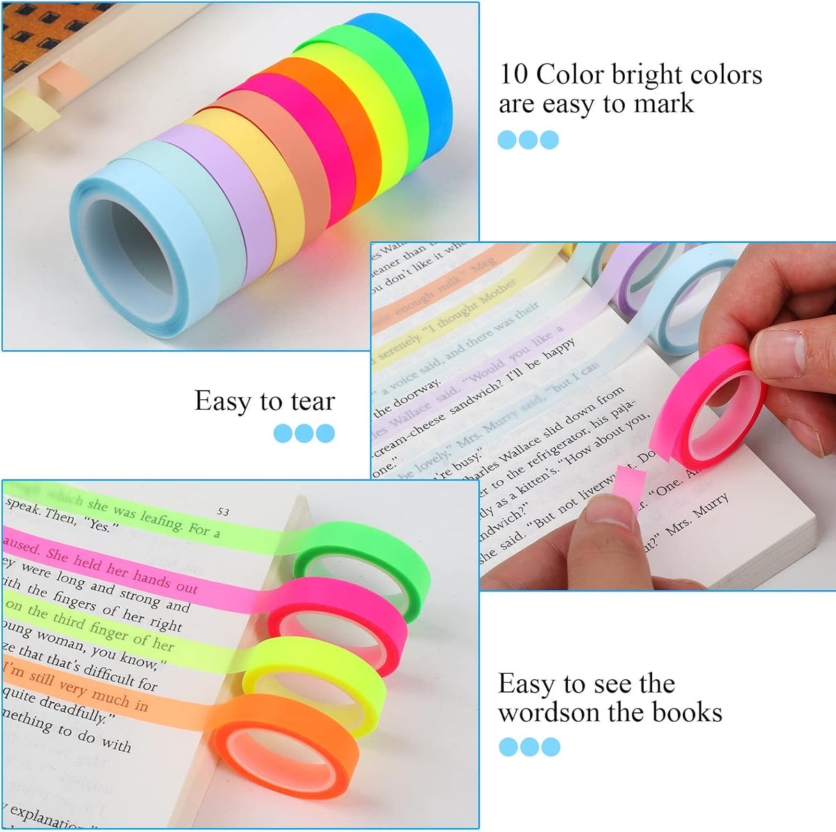 10 Rolls Colorful Highlighter Tape