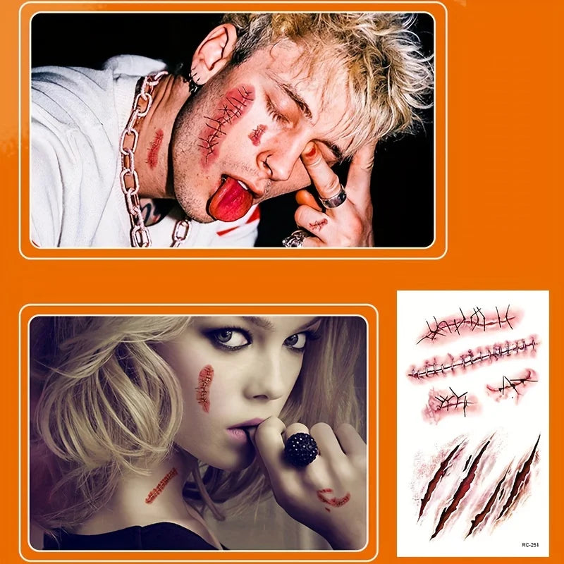 5/10Pcs Halloween Scar Temporary Tattoo Stickers Red Blood Clot Face Tattoo Waterproof Cosplay Gifts for Men Women Party Decor