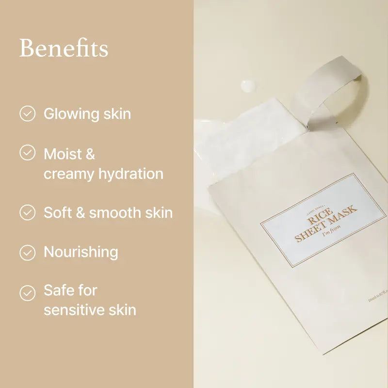 [I'M from Official Shop] Rice Sheet Mask Pack of 5, 60% Korean Rice Face Mask, Creamy Hydration for Dry, Combination Skin, Moist, Milky Essence, Biodegradable, Vegan, Hydrating Skincare, Skin Repair Moisturizer Nourishing Hydrate Moisturizing