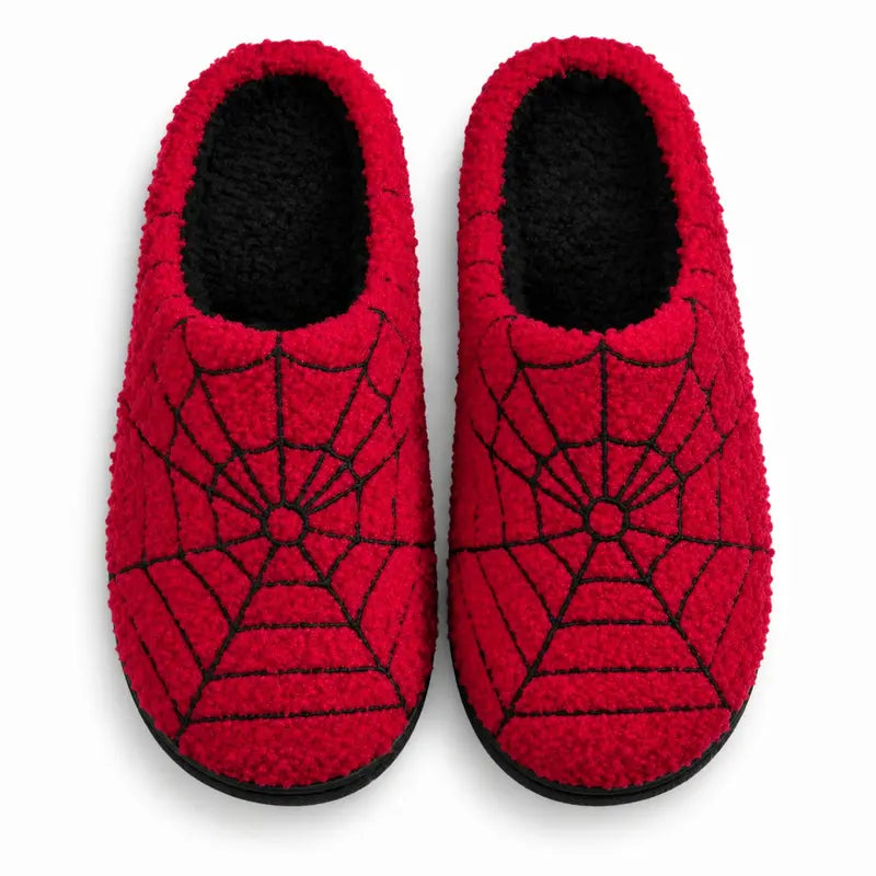 Halloween Red Spider Web Plush Slippers, Thickened Quiet Indoor Cotton Slippers for Couples, House Shoes, Thick Sole Warm Indoor Slippers