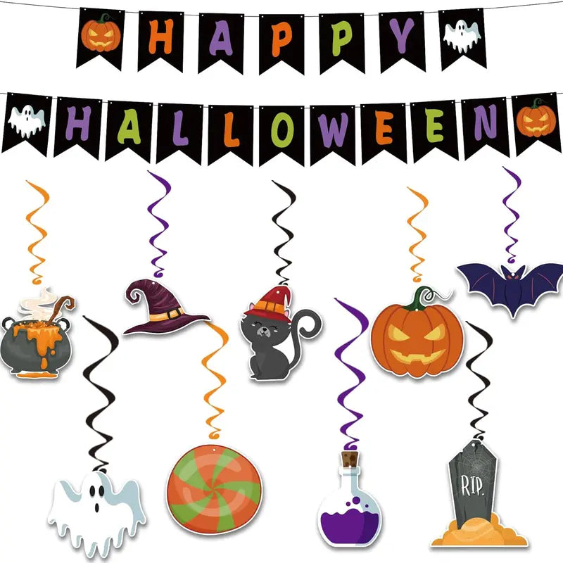 Halloween Party Decorations - Hanging Swirls Happy Halloween Banner | Spooky Pumpkin Ghost Bat Swirl Streamers | Halloween Party Favors Supplies Accessories for Home Wall Party Decor Outdoor Indoor
