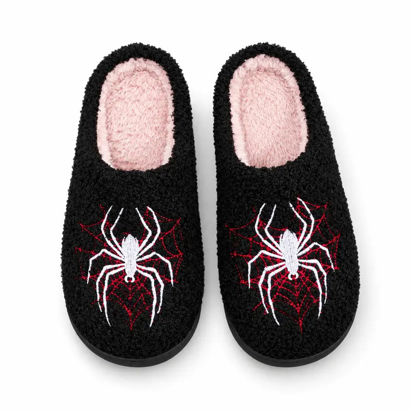 Halloween Red Spider Web Plush Slippers, Thickened Quiet Indoor Cotton Slippers for Couples, House Shoes, Thick Sole Warm Indoor Slippers