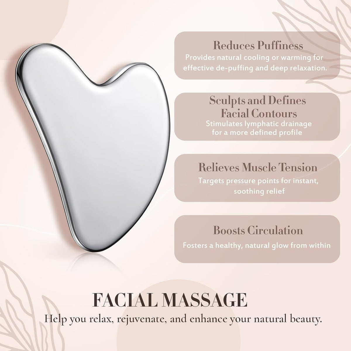 304 Stainless Steel Gua Sha Facial Tool, Silver, Heart