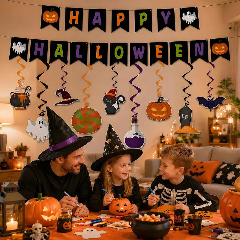 Halloween Party Decorations - Hanging Swirls Happy Halloween Banner | Spooky Pumpkin Ghost Bat Swirl Streamers | Halloween Party Favors Supplies Accessories for Home Wall Party Decor Outdoor Indoor