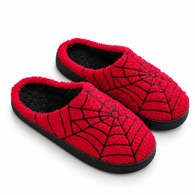 Halloween Red Spider Web Plush Slippers, Thickened Quiet Indoor Cotton Slippers for Couples, House Shoes, Thick Sole Warm Indoor Slippers