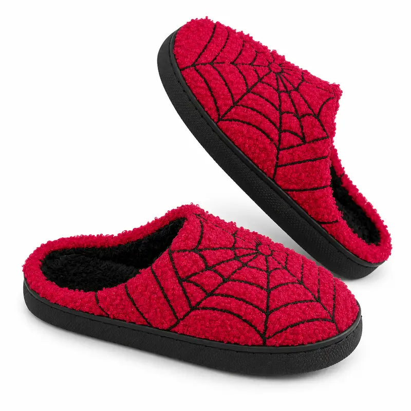 Halloween Red Spider Web Plush Slippers, Thickened Quiet Indoor Cotton Slippers for Couples, House Shoes, Thick Sole Warm Indoor Slippers