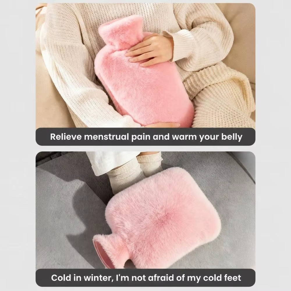 1000Ml/2000Ml Hot Water Bottle with Faux Rabbit Fur Cover Leak-Proof Warm Water Bag Explosion-Proof Warm Compress Heater