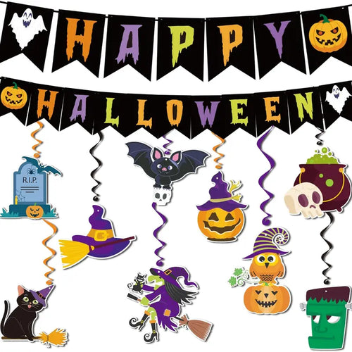 Halloween Party Decorations - Hanging Swirls Happy Halloween Banner | Spooky Pumpkin Ghost Bat Swirl Streamers | Halloween Party Favors Supplies Accessories for Home Wall Party Decor Outdoor Indoor
