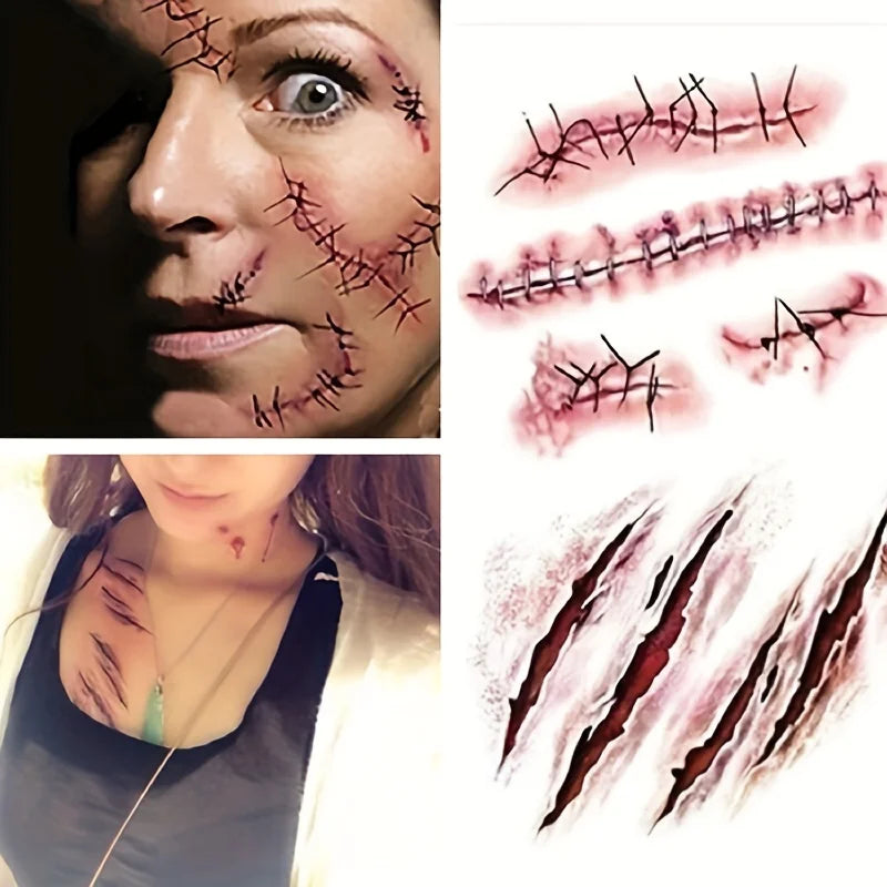 5/10Pcs Halloween Scar Temporary Tattoo Stickers Red Blood Clot Face Tattoo Waterproof Cosplay Gifts for Men Women Party Decor