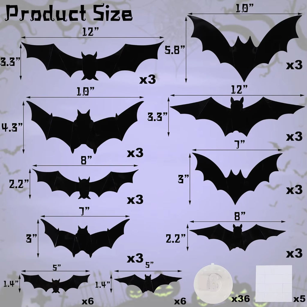 Halloween Bats Decorations,3D Pvc Bat on the Wall,Black Bats Wall Stickers,Halloween Scary Props